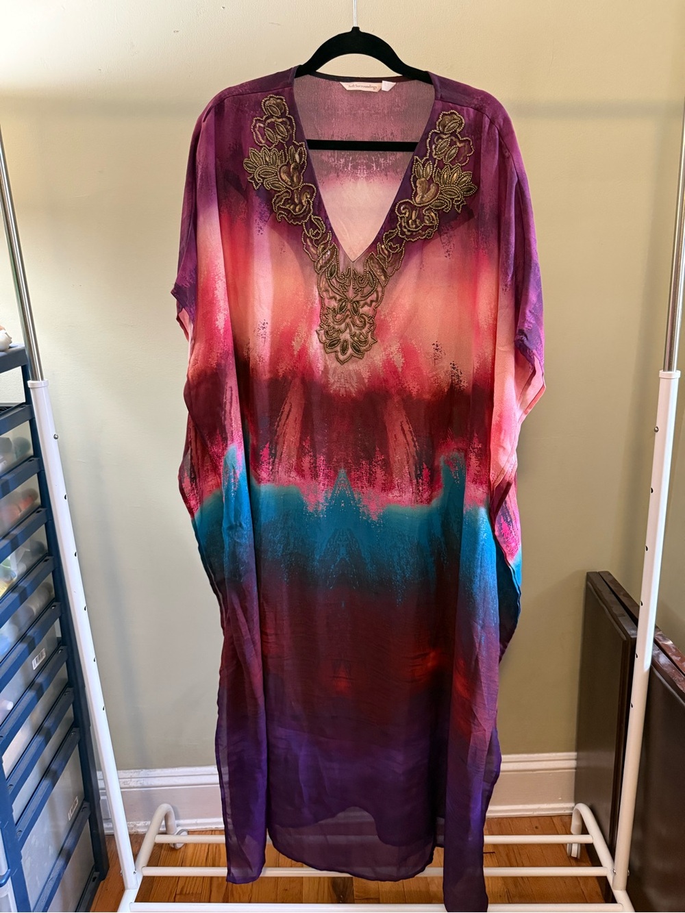 Soft Surroundings Purple, Teal & Pink Ombre Embroidered V-Neck Kaftan